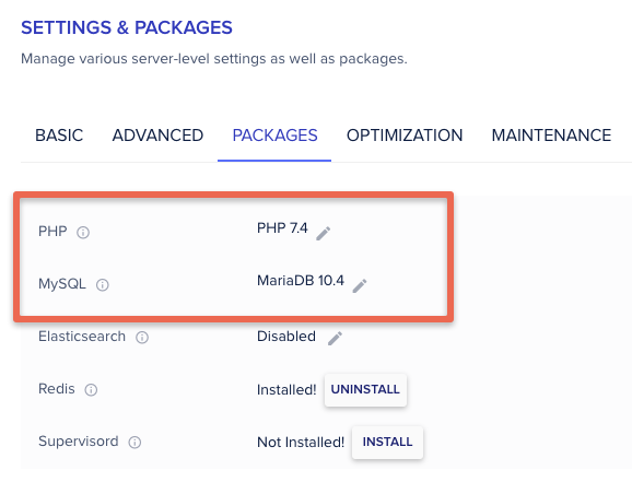 Cloudways Settings and Packages
