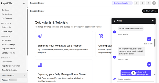 Liquid Web customer support live chat experience