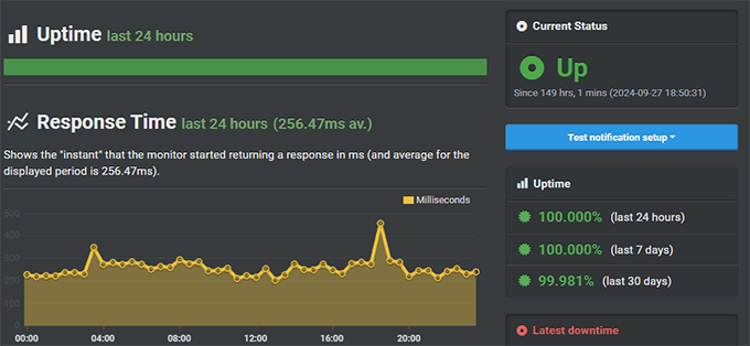 Liquid Web uptime monitoring showing 100% uptime performance