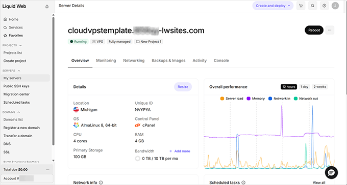 Liquid Web VPS control panel dashboard interface