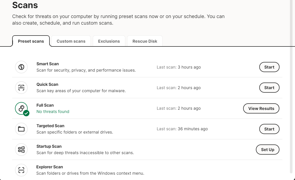Norton 360 Scan Options - Quick, Full, Custom