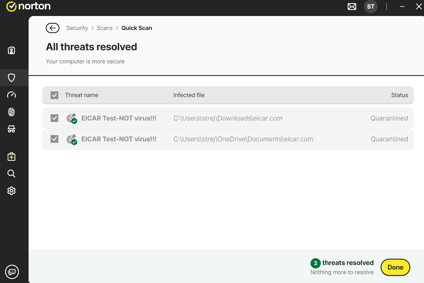 Norton Threat Detection Scan Results
