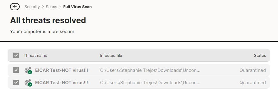 Norton EICAR Malware Test Results