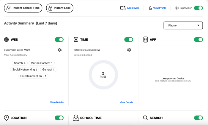Norton Family Parental Controls Dashboard